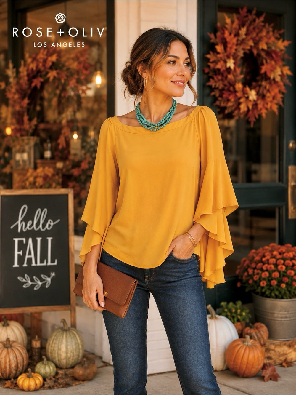 Rose + Olive Mustard Flared Sleeve Blouse EUC Vibrant Saffron Yellow, Size M